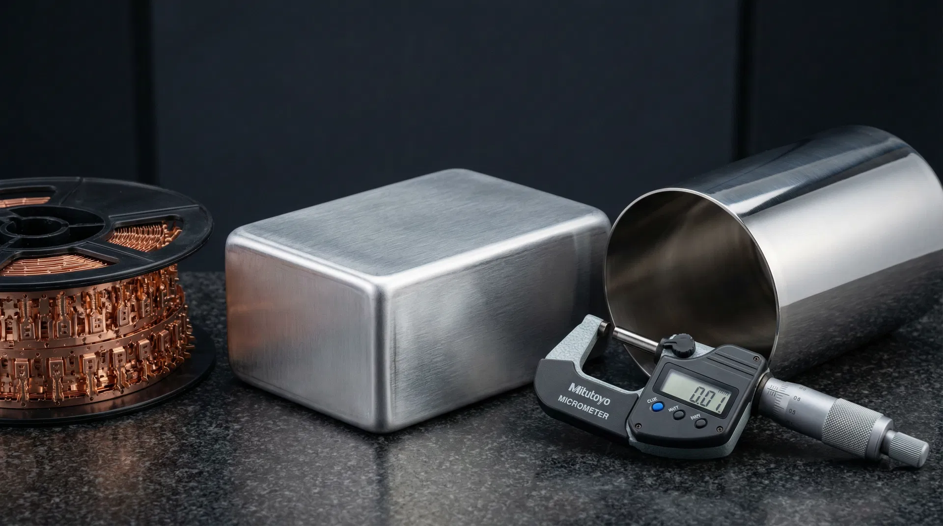 Precision components composition: aluminum battery case, connector terminal reel, SS304 mirror-polished enclosure, Mitutoyo 0.01mm micrometer on granite QC table