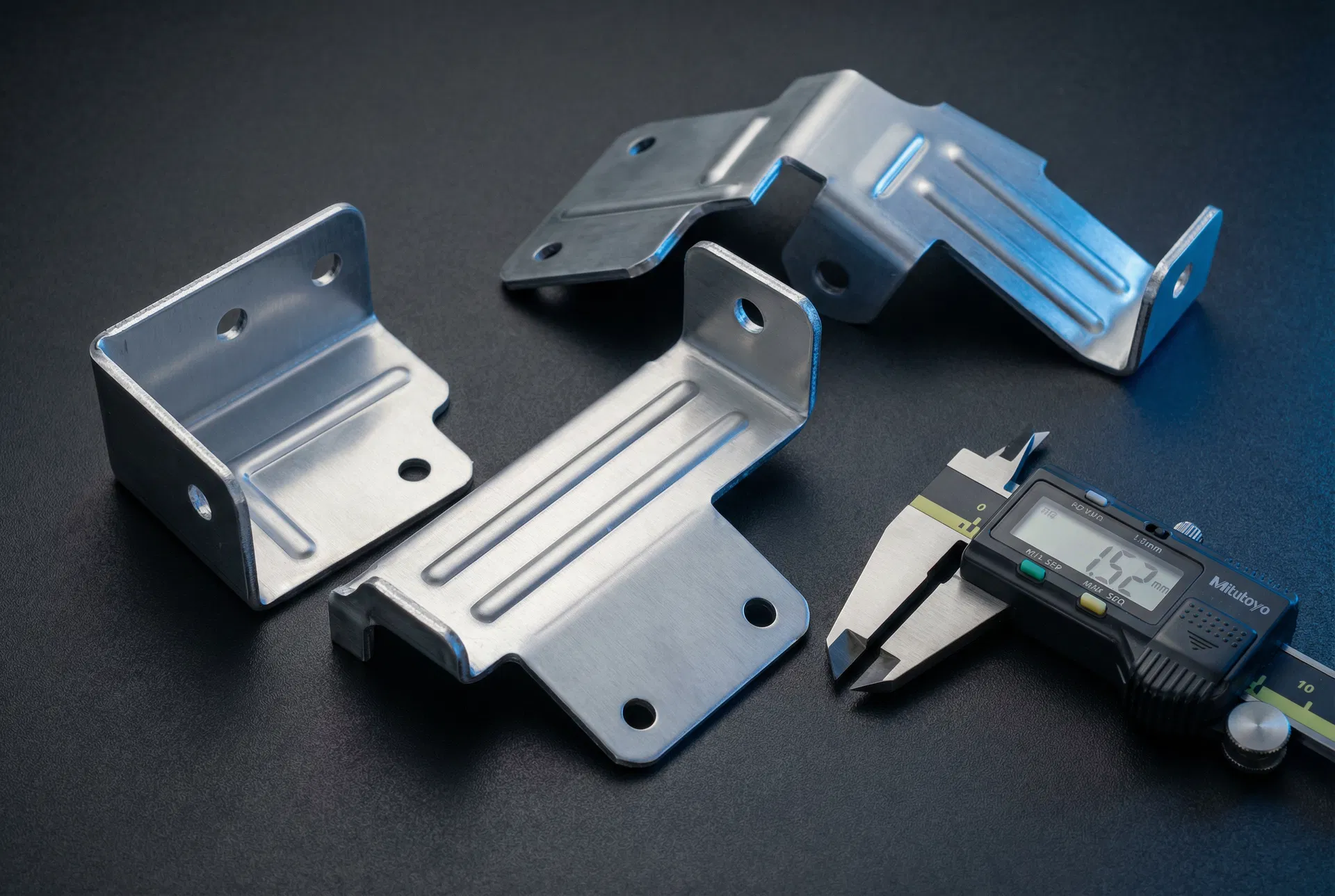 5052-H32 multi-bend aluminum stamped brackets — compound die, pressed stiffening ribs, Mitutoyo caliper 1.52mm